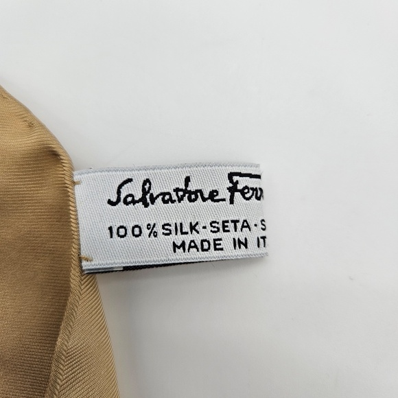 Vintage Ferragamo Silk Scarf Tan Floral Motif w/ Geometric Strips - Picture 3 of 4